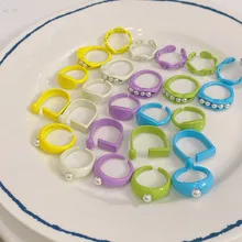 AOMU 2 unids/set 2021 nueva moda verde geométrica amarillo cadena redonda perla acrílica de imitación anillos abiertos para juego de anillos para mujer joyería