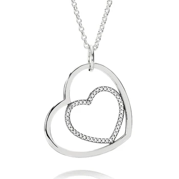 

New 925 Sterling Silver Necklace Heart To Heart Pendant With Crystal Adjustable Necklace For Women Wedding Gift Fine Jewelry