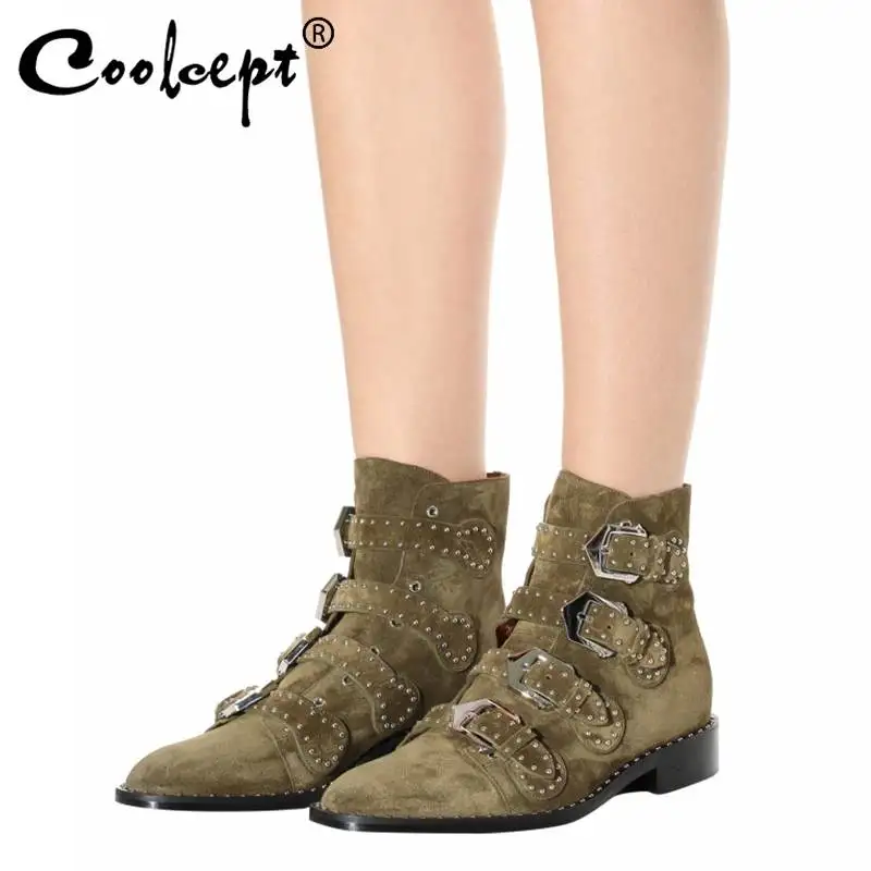 

Coolcept 7 Color Real Leather Ankle Boots Women Fashion Rivets Buckle Short Boots Winter Designer Flats Shoes Women Size 33-45