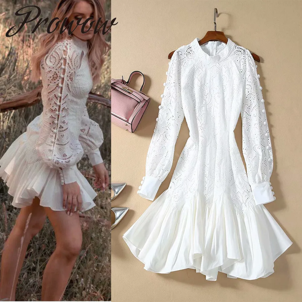 

Prowow High Quality 2020 Spring Summer Embroidered Flowers Sexy Cutout Buttons Women Dress White Color Lace Stitching Dress