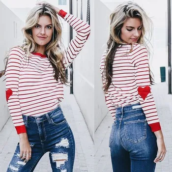 

Loose Ladies Long Sleeve Striped T-shirt Jacket Sleeve Heart Size