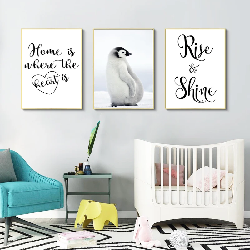 Nordic Modern Black and White Motto Letter Penguin Animal Canvas Painting Spray Color Poster Kids Baby Nursery Room Wall Picture | Дом и сад
