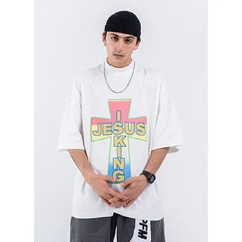 

Homem colorido cruz streetwear hip hop solto manga curta tshirt masculino high street oversize camiseta casal camisetas