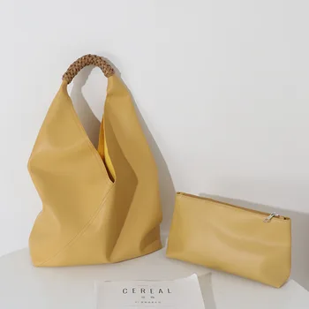 

Women Solid Color Tote Bag 2020 Simplicity Large Capacity Fashion Weave Single Shoulder Composite Bag A576