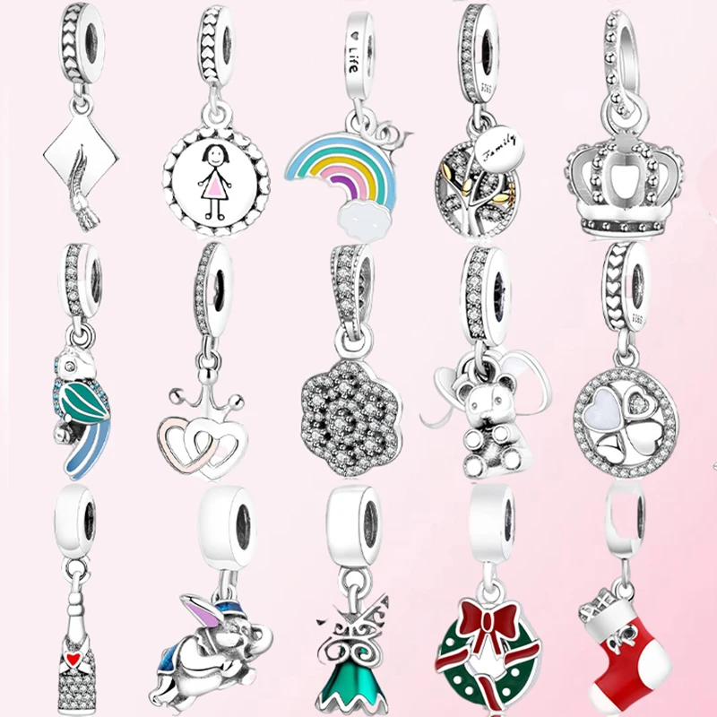 925 Sterling Silver Tree of Life Rainbow Crown Bird Cubs Four-leaf Clover Beer Pigtail Skirt Christmas Pendant Dangle Charm | Украшения и