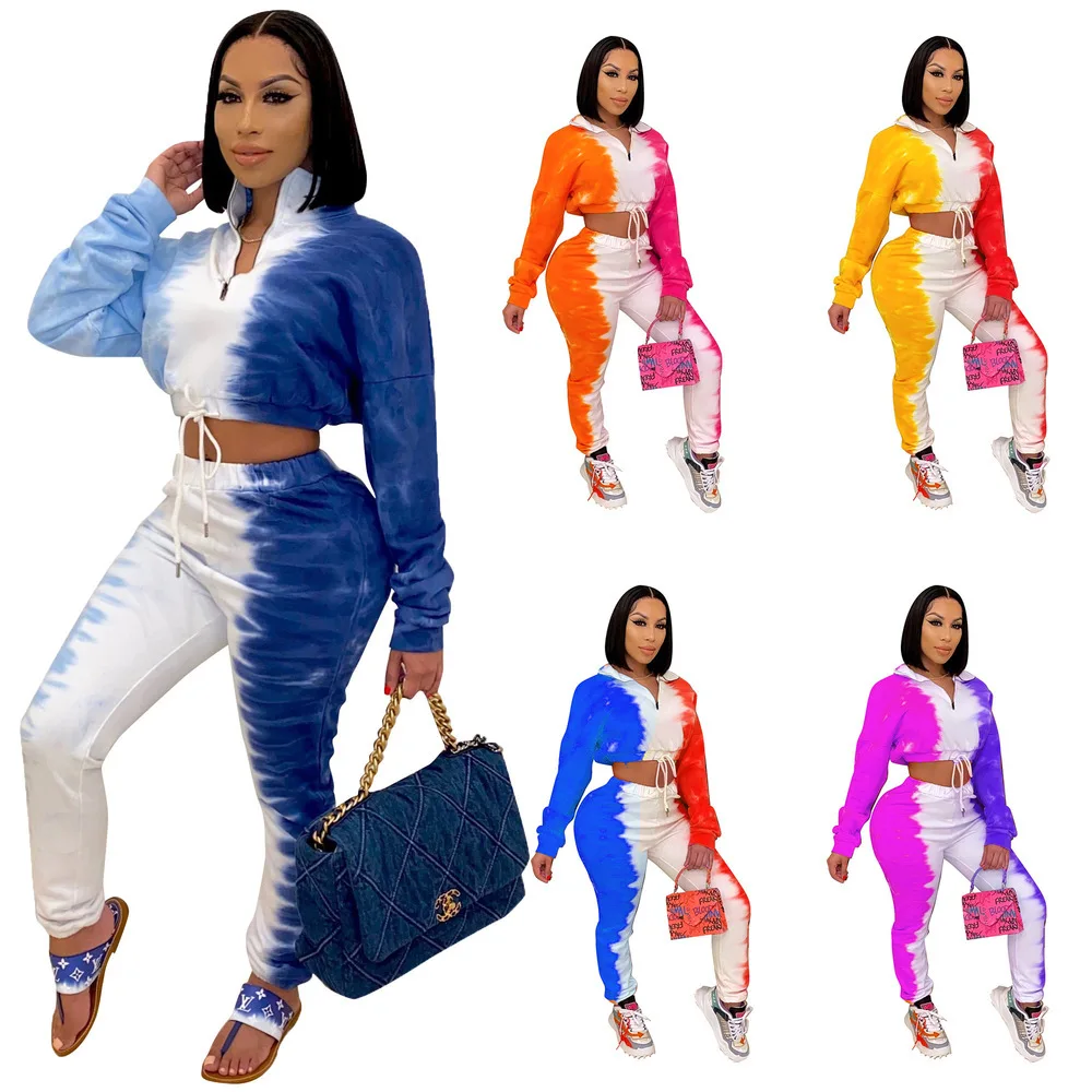 

Tie Dye Print Women 2 Piece Set Full Sleeve Crop Tops + High Waist Jogger Sweatpant Activewear Workout Sporty Suit Women Outfit