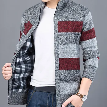 

Hot Sales Fashion 2019 Men Open Front Long Sleeve Knit Sweater Large Size Zipper Autumn Winter Plus Velvet Thick Sweater A66