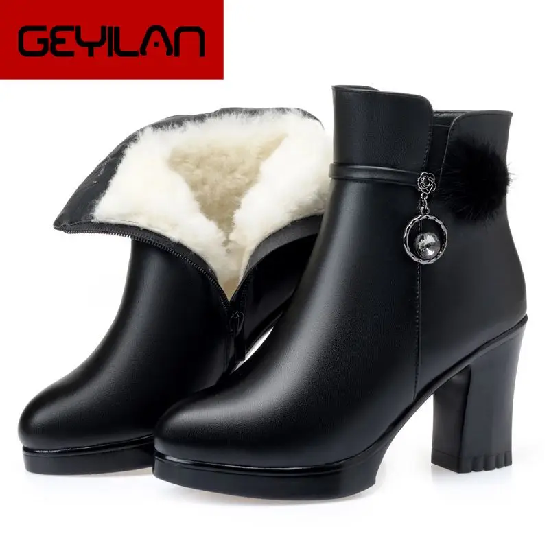 

2019 Fashion Genuine Leather Ankle Boots Women Winter Wool Warm Boots Black Thick High Heel Leather Boot Shoes