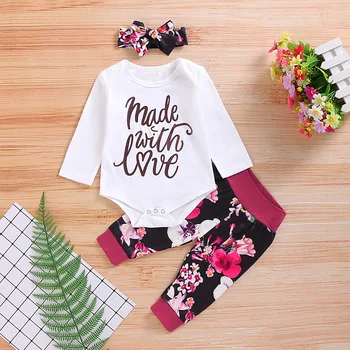 

Autumn Baby Girl Set 0-24M Long Sleeve Letter Print Romper Tops +Floral Trousers +Headband Outfits 3pcs Set Girls Clothes