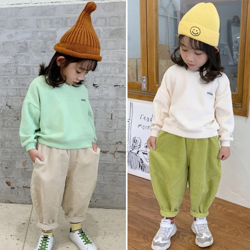 Online 2019 otoño nueva llegada estilo coreano casual puro color PANA suelta harlen pantalones largos para niñas y niños dulces de moda