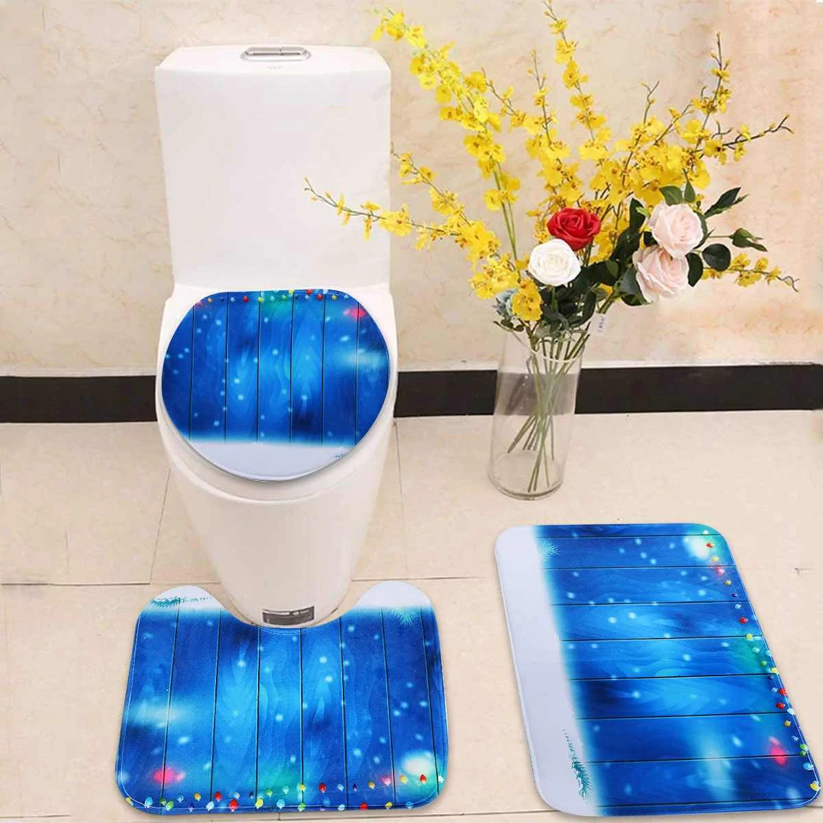 180x180cm Christmas Bell Shower Curtain Set Durable Waterproof Bathing Floor Mat Set With 12 Hooks for Home Bathroom Decoration
