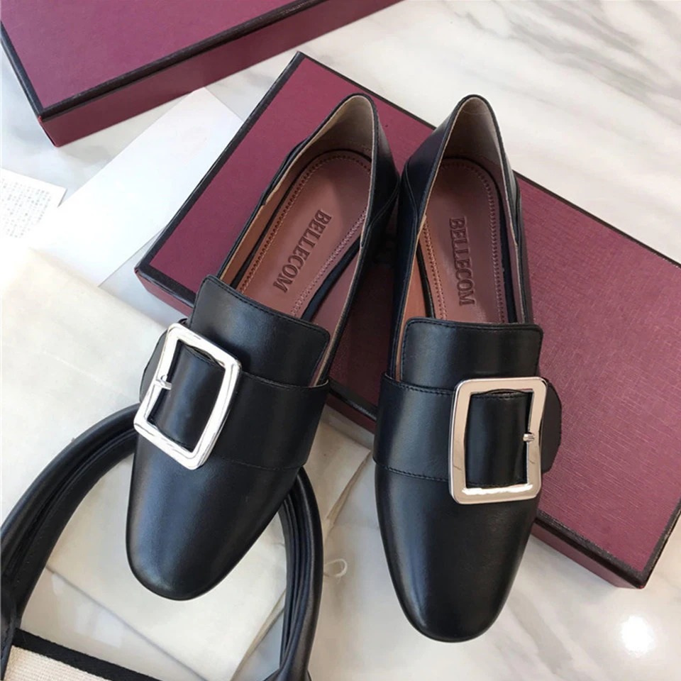 

BELLECOM Fall 2019 New Square Button Leather Flat sole Single Shoe Round-Headed Retro Lazy Lover Shoe