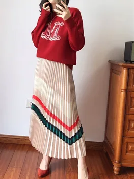 

Women's Skirt New Summer Elastic Waist Organ Pleated Striped Women Brand Clothing