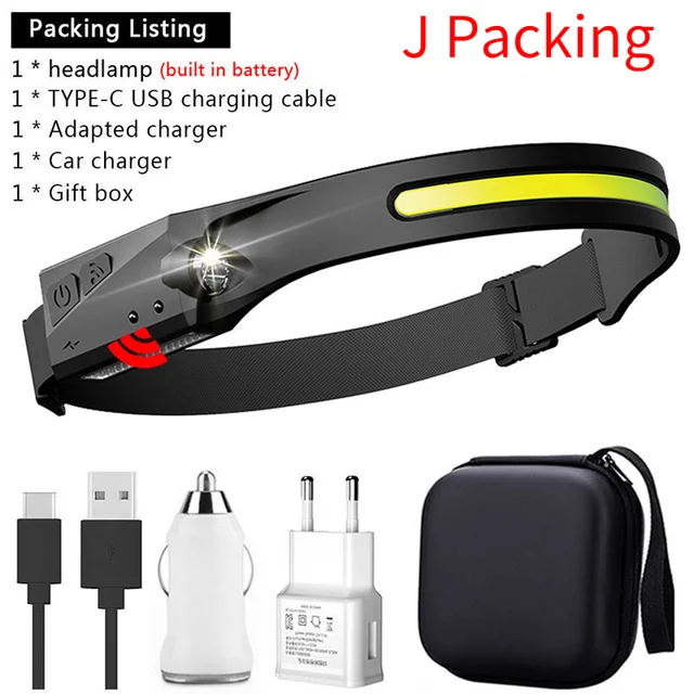 Induction Headlamp COB LED Head Lamp with Built-in Battery Flashlight USB Rechargeable Head Torch 5 Lighting Modes Head Light J Packing
