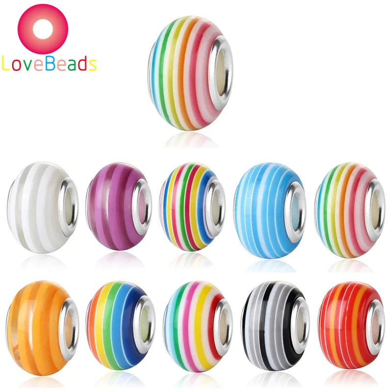

10Pcs MultiColor Rainbow Stripe Big Hole Spacer Loose Beads Fit Pandora Bracelet Necklace Snake Chain Jewelry Hair Beads Craft