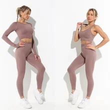 Conjunto sem costura feminino para ioga, roupas esportivas para treino e academia, camisas de manga comprida, sutiã crop top, calça legging de cintura alta, agasalho de ginástica