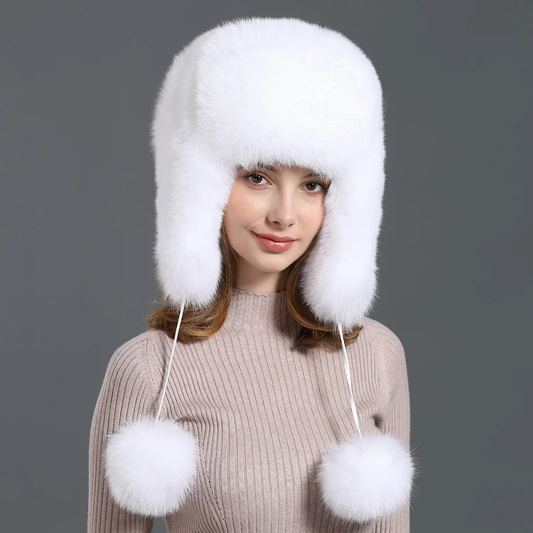 White Женские шапки-бомберы с натуральным лисьим мехом, шапка с наушниками, шапка с помпоном, новая зимняя шапка для женщин, утолщенная подкладка из натурального меха, шапки-бомберы - Цвет: White