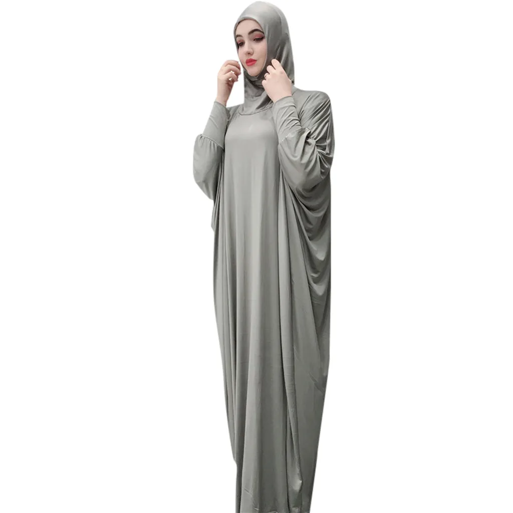 Gray KLV Дубай Кафтан платье мусульманские Вечерние abaya женщины арабское, с длинными рукавами сплошной цвет Турция ислам молитва Восточный халат из марокена Макси платья - Цвет: Gray