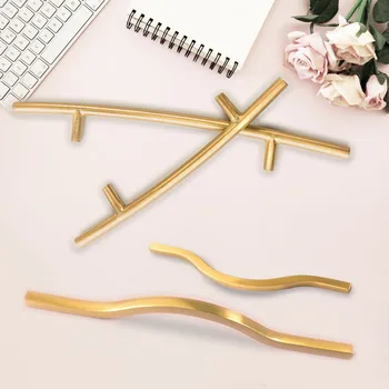

New Brass Handle Creative curved furniture door handles Wardrobe copper gold handle Kitchen bathroom cabinet pulls hardware