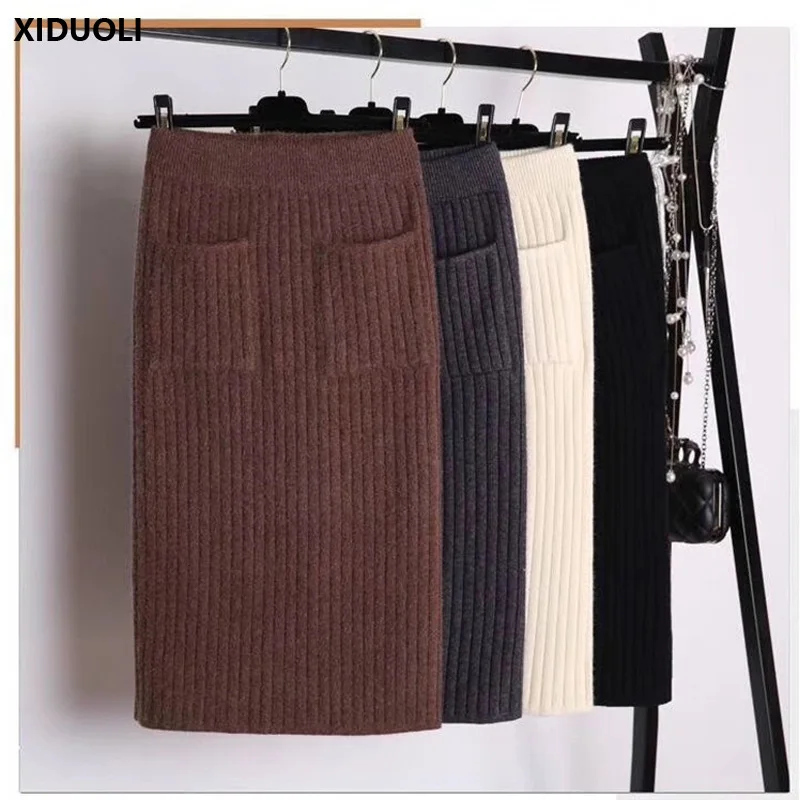 khaki XIDUOLI, элегантные миди юбки-карандаш, высокая талия, эластичная лента, вязаная юбка в рубчик, женская зимняя Толстая теплая плиссированная юбка с разрезом - Цвет: khaki