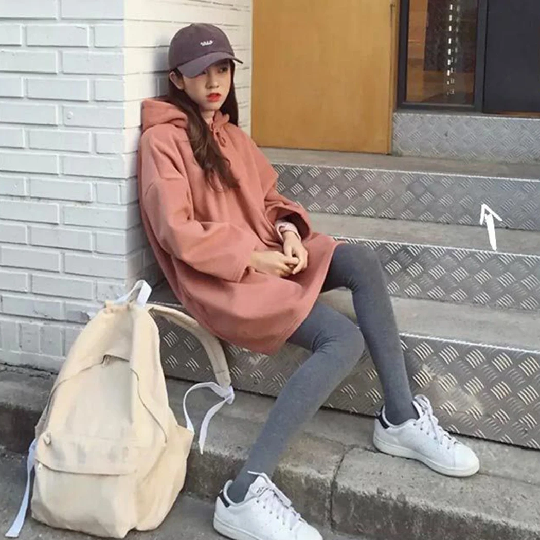 Harajuku негабаритных Свободные однотонные толстовки женские широкие с длинным