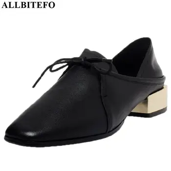 

ALLBITEFO hot sale genuine leather women heels Square toe high heel shoes comfortable spring autumn office ladies shoes