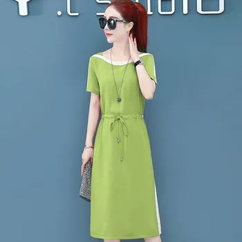 

Fashion New Color Matching Belt Dress Tightening Waist Korean Style Temperament Casual Dress Red 2XL