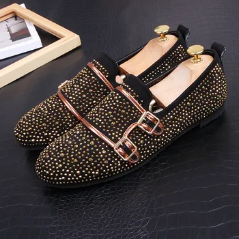 

Slip On Moccasins Black Gold Rhinestone Men Casual Shoes Flat Leather Men Shoes 4#15/10d50