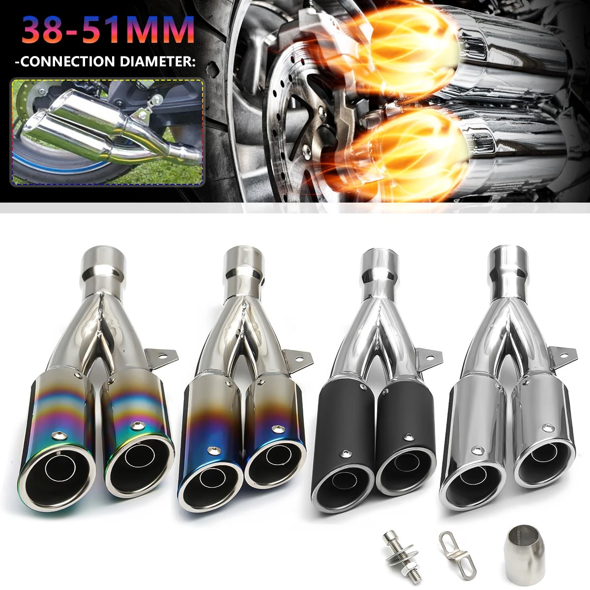 Tubo de escape 38-51mm motocicleta universal de la cola del silenciador inoxidable de doble salida- Tubo de escape 38-51mm motocicleta universal de la cola del silenciador inoxidable de doble salida-
