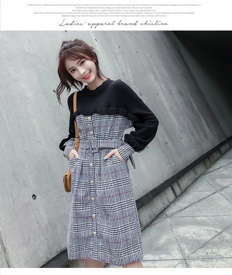 Весна, стиль, женское платье, вязанное, в клетку, шерстяное платье, женское, средней длины, макет, два предмета, талия, облегающая юбка