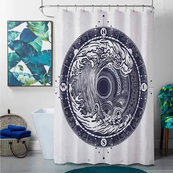 

Shower Curtains White Gray Compass,Sea Navigation with a Drawing of Tempest Inside Big Wave Adventure Journey, Night Blue