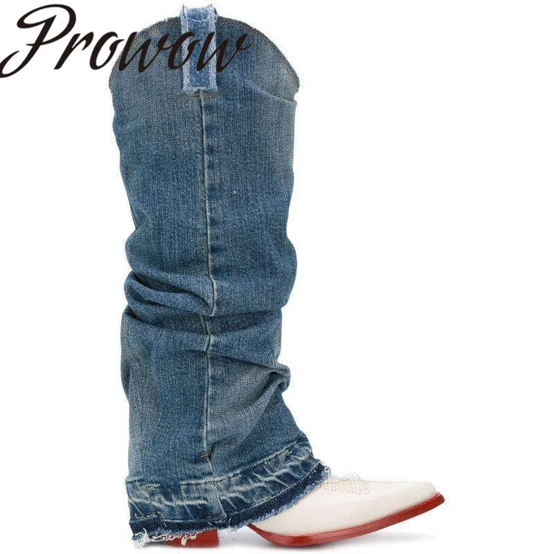 

Prowow New Jeans Slip On Cowboy Autumn Winter Boots Sexy Pointed Toe Thick Heel Knee HIgh Boots Shoes Women
