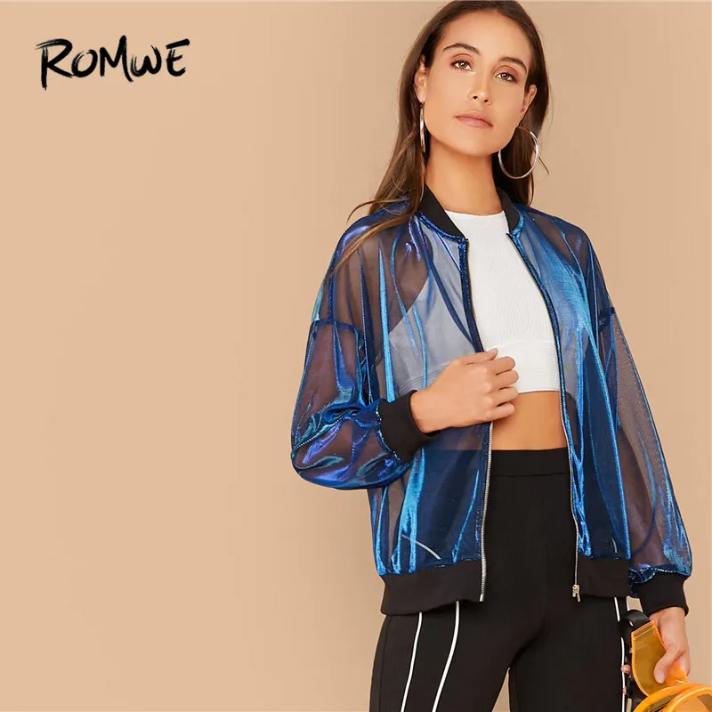 lower price  ROMWE Zip Front Sheer Mesh Bomber Jacket Women Blue Stand Collar Sexy Highstreet Fall Jacket Sheer 