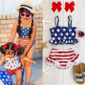 

1-6 Years Girls Swimsuit Summer Toddler Kids Baby Girl Bikini Ruffle Swimwear American Flag Star Bathing Suit Girls Beachwear