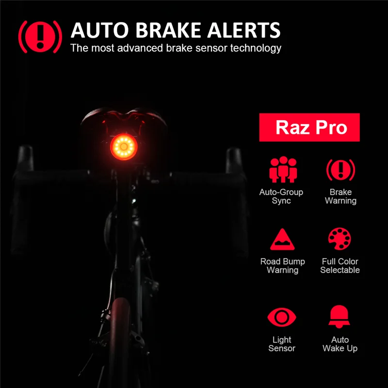 Brake Alerts Raz Pro Smart Bike Tail Light Auto Group Sync Bicycle Keeps safe