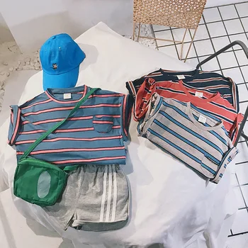 

2020 Teenager T-Shirt Baby Girl Tops Summer Short Short Sleeve Round Neck Striped Loose Toddler Boys T Shirt Pocket Clothes