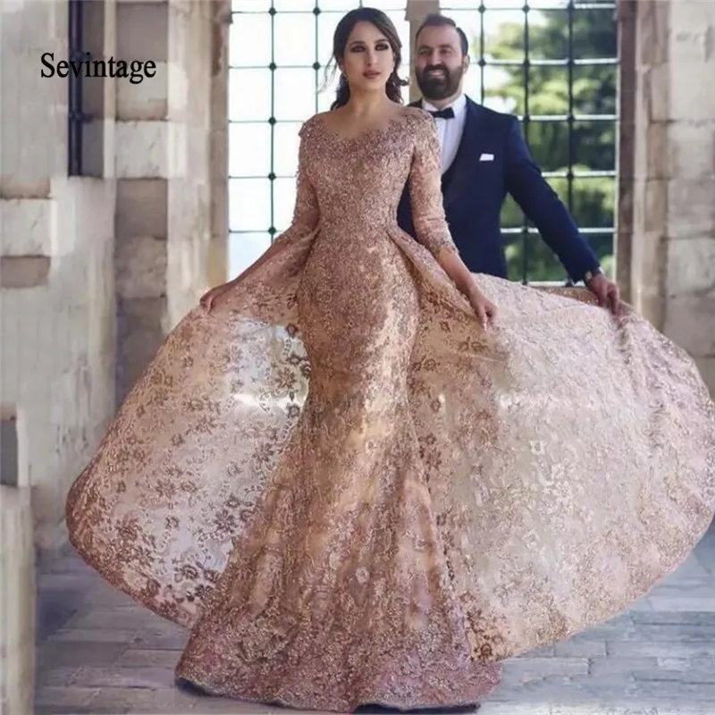 

Sevintage 2020 3/4 Sleeves Muslim Evening Dresses With Train Lace Applique Scoop Mermaid Arabic Prom Gowns abendkleider