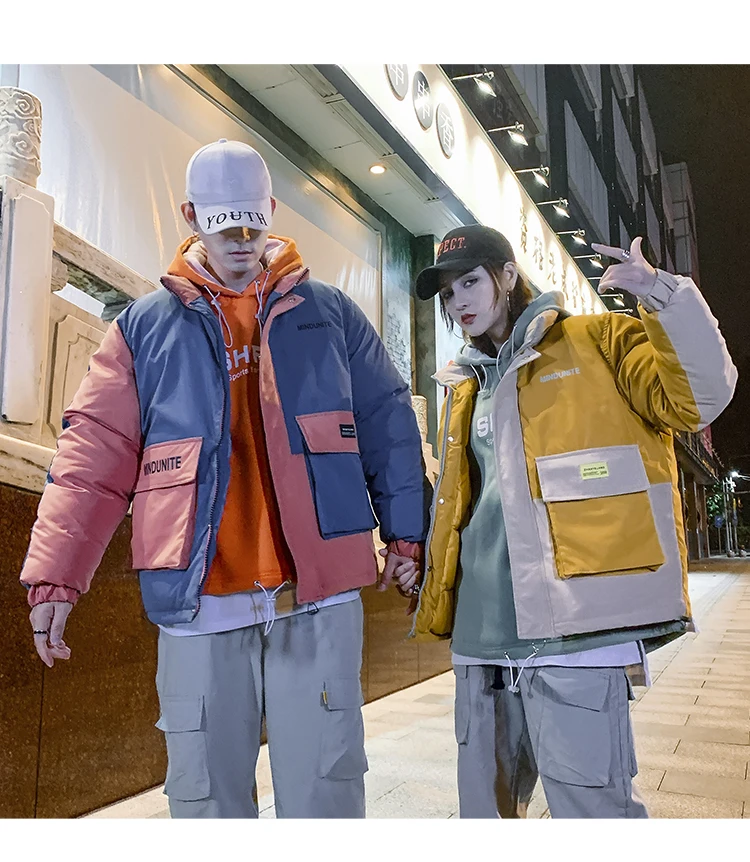 Legible Couple Patchwork Hip Hop Thick Parka Men Woman Streetwear Winter Fashion Parka Coat Lovers Safari Style Jacket
