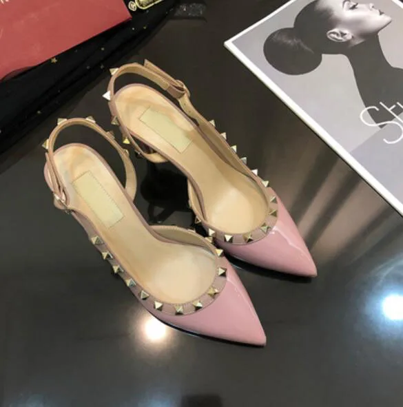 13 Women Dress Shoes rock Patent High Heels stud Pumps Rivets Real Leather Pointed Toe Wedding Shoes Gift Party Shoes - Цвет: 13