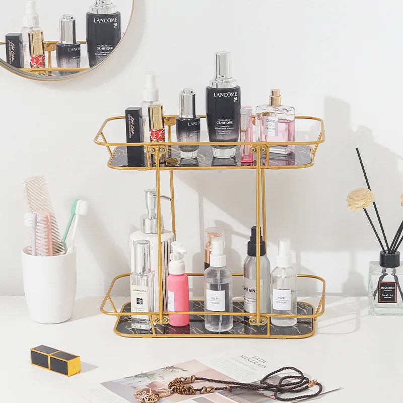 

Fashion Multi-layer Metal Tray Wrought Iron Home Gold Shelf Desktop Cosmetic Storage Rack Cosmetic Storage Box Organizer