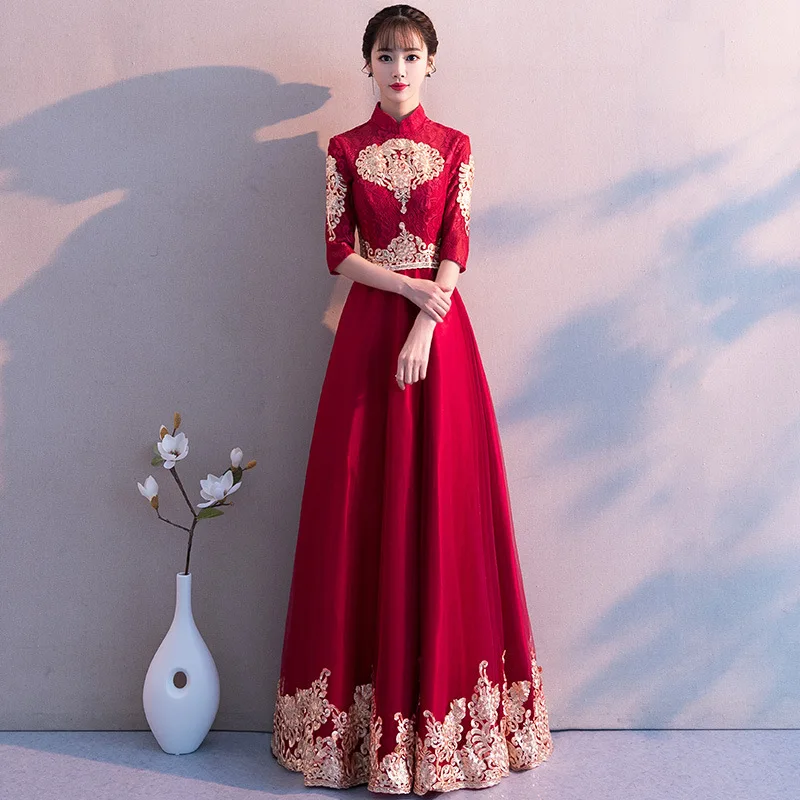 Китайское Красное Кружевное Платье Чонсам с вышивкой современный Восточный вечер традиционное китайское свадебное платье Qi Pao женское тонкое платье - Цвет: Wine mid sleeve long