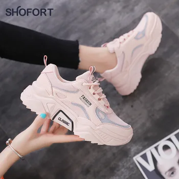 

SHOFORT Women Shoes Wedge Platform Casual Sneakers Sports Shoes Dad Footwear Lace-up Breathable Ladies Shoes Zapatos De Mujer