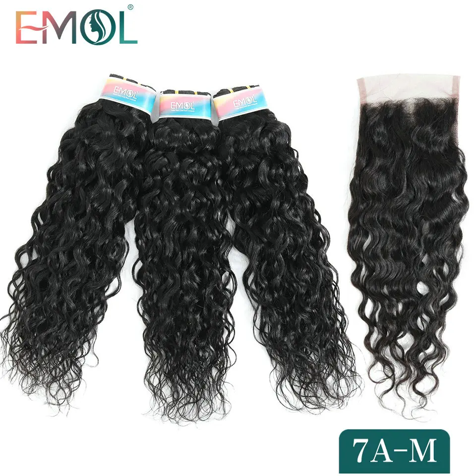

Indian Water Wave Bundles With Closure Hair Bundles with Closure Free Part Non-Remy Human Hair 3 Bundles 7A Medium Ratio