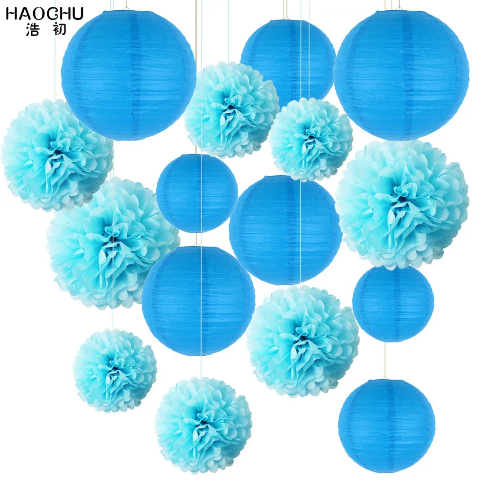 Blue 16 шт./компл. "-12" Золотые Цветочные шары из бумаги Pom Poms бумажные фонарики на день рождения елочные игрушки Рождественские украшения для дома - Цвет: Blue