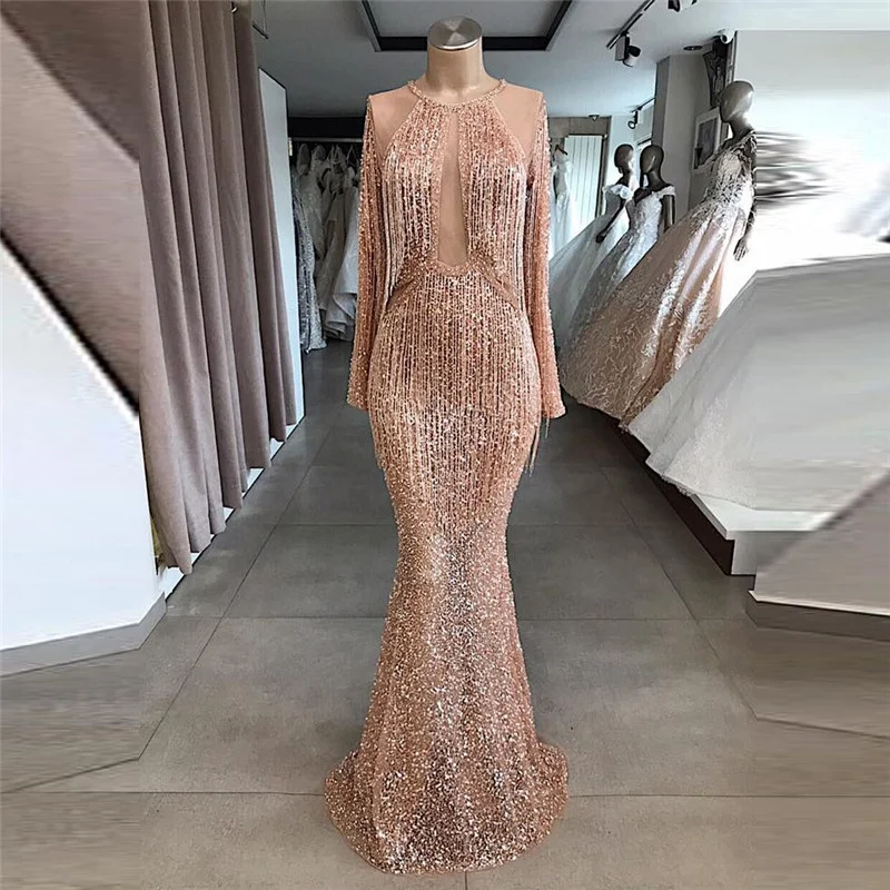 

Rose Gold Tulle Mermaid Evening Dresses Middle East Arabic 2019 Sequined Beading Tassel Luxury Party Prom Gowns Long sleeves