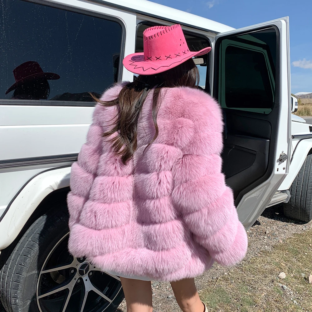 Trendy Mid-length Real Fox Fur Jacket V-neck Women Winter Fashion Genuine Leather Natural Fox Fur Coat Female Outwear Luxury