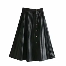 Женская модная плиссированная юбка из искусственной кожи, свободная трапециевидные ные юбки для женщин, Осень-зима, элегантная женская офисная юбка средней длины