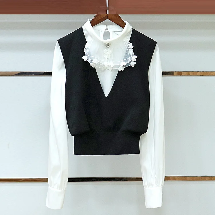[EWQ] 2020 Spring New Bow Long-sleeved Knit Sweater Stitching Shirt Fake Two-piece Top Korea Style Slim Women Black Blouse QZ217 |