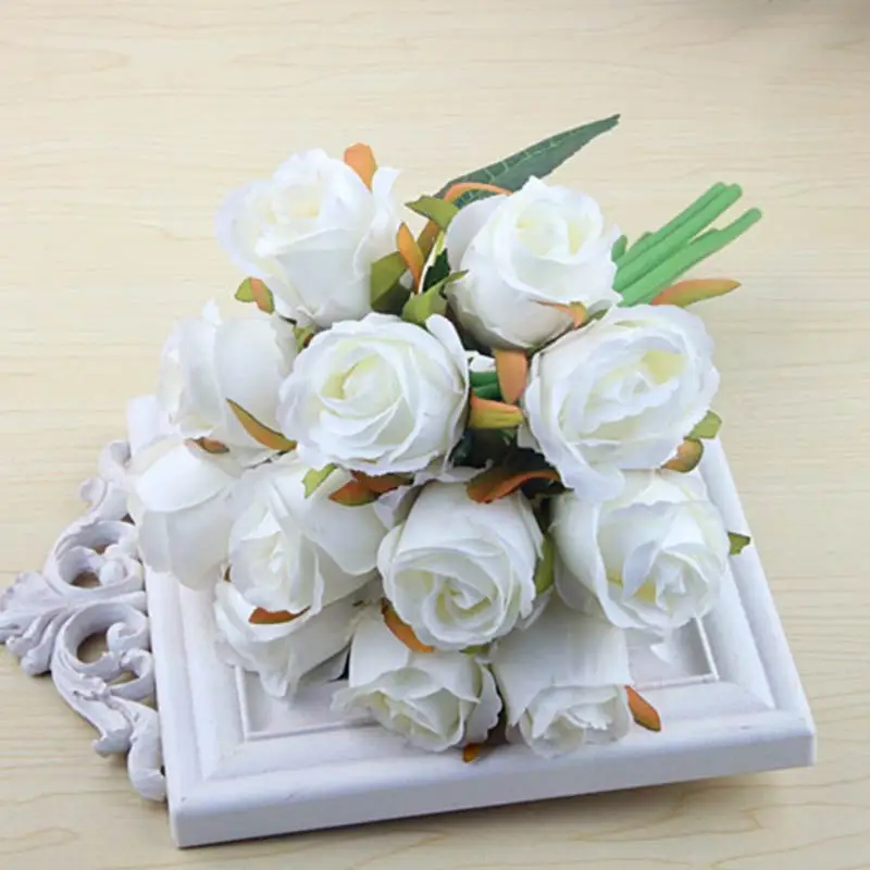 Домашние шелковые цветы невесты букеты Искусственные для свадьбы букет розы 1 букет 12 головок декоративные вечерние украшения - Цвет: Белый