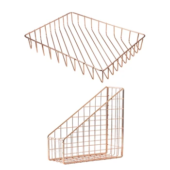 

Rose Gold Desk Tray, Wire Letter File Tray Finisher & Rose Gold Electroplated Iron Book Holder Desktop Shelf